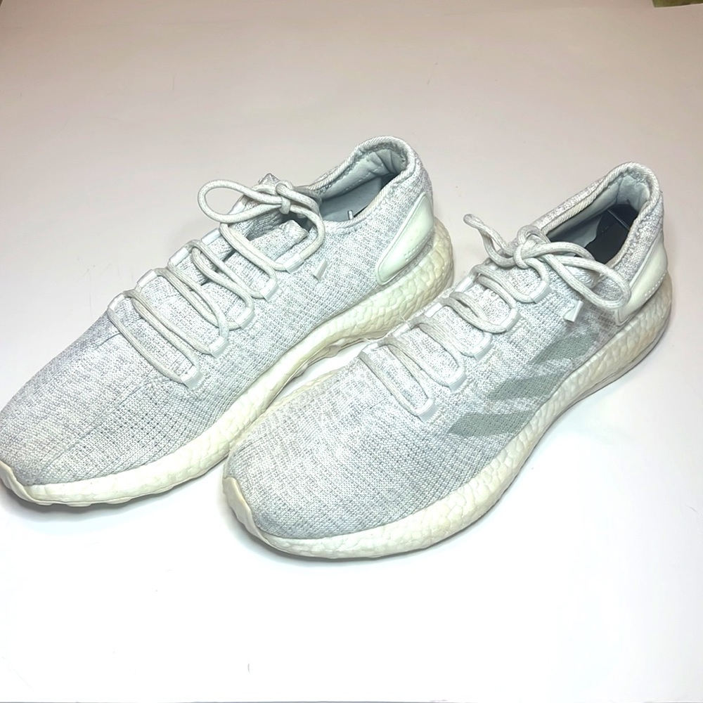 Light grey and white Adidas boost. Mens tennis shoes. Size 10